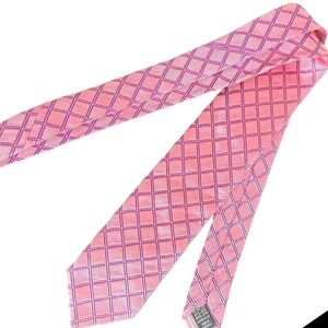 Thomas Pink Men's Pink Blue Necktie 100% Silk Checkered Diamond Pattern‎ STAIN